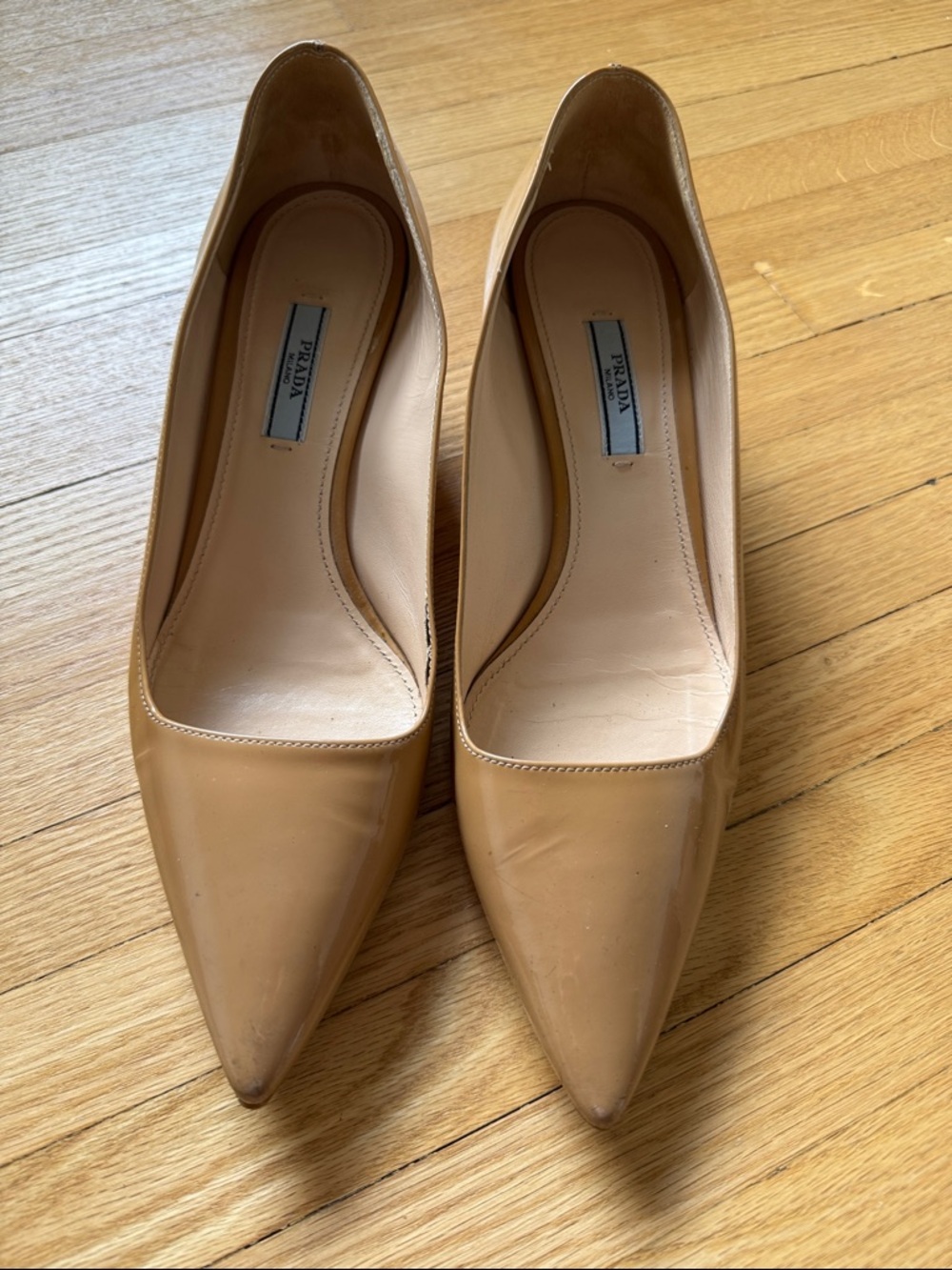 Prada Nude Patent Leather Pointed Toe Pumps